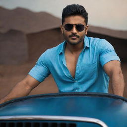 The fair-skinned, muscular Indian man with handsome features, sporting stylish hair, wearing a blue shirt and cool sunglasses, confidently sits on the hood of a jeep, all within a dark room.