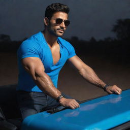 The fair-skinned, muscular Indian man with handsome features, sporting stylish hair, wearing a blue shirt and cool sunglasses, confidently sits on the hood of a jeep, all within a dark room.