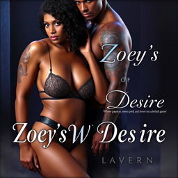 A captivating book cover for 'Zoey's Web of Desire' by Lavern featuring a stunning, curvy woman with an hourglass figure, dark skin tone similar to Carmen's complexion, natural kinky curls, bold brown eyes, dressed in sexy lingerie