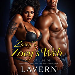 A captivating book cover for 'Zoey's Web of Desire' by Lavern featuring a stunning, curvy woman with an hourglass figure, dark skin tone similar to Carmen's complexion, natural kinky curls, bold brown eyes, dressed in sexy lingerie