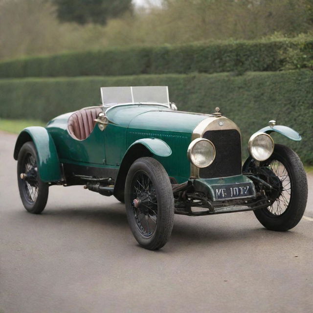 A 1920s Le Mans racing car, representing the origins of endurance car racing. Expect to see a tall, boxy body, rudimentary open cockpit, large wire-spoke wheels, narrow tires, and an authentic vintage patina