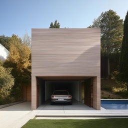 A minimalist two-story house with a car garage, a small park and a swimming pool.