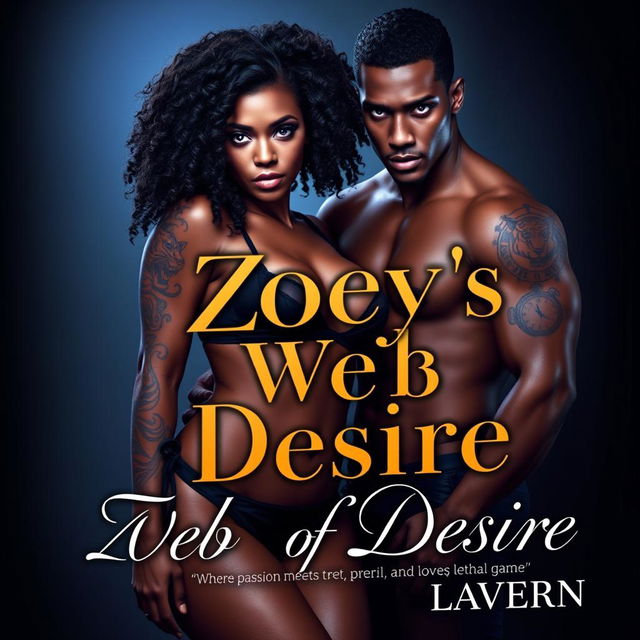 A captivating book cover for 'Zoey's Web of Desire' by Lavern featuring a stunning, curvy woman with an hourglass figure, dark skin tone similar to Carmen's complexion, natural kinky curls, bold brown eyes, dressed in sexy lingerie