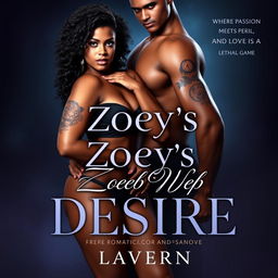 A captivating book cover for 'Zoey's Web of Desire' by Lavern featuring a stunning, curvy woman with an hourglass figure, dark skin tone similar to Carmen's complexion, natural kinky curls, bold brown eyes, dressed in sexy lingerie