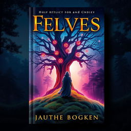 A captivating and visually striking book cover design featuring a mystical forest with vibrant colors and ethereal lighting