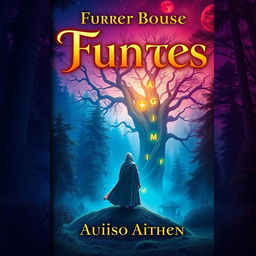 A captivating and visually striking book cover design featuring a mystical forest with vibrant colors and ethereal lighting
