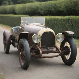 A 1920s Le Mans racing car, representing the origins of endurance car racing. Expect to see a tall, boxy body, rudimentary open cockpit, large wire-spoke wheels, narrow tires, and an authentic vintage patina