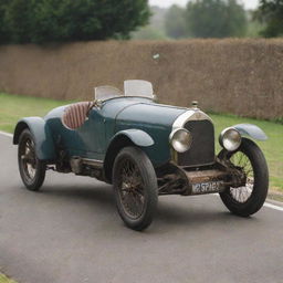 A 1920s Le Mans racing car, representing the origins of endurance car racing. Expect to see a tall, boxy body, rudimentary open cockpit, large wire-spoke wheels, narrow tires, and an authentic vintage patina