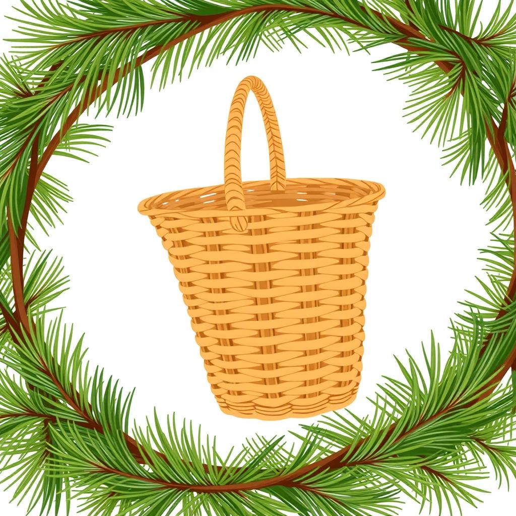 An illustration of a slim, low basket viewed from the side, featuring a well-defined weaving pattern