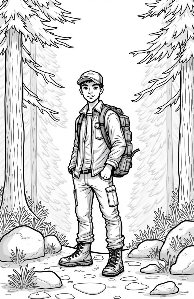 A picturesque coloring page featuring a rugged young man in a serene forest of pine trees