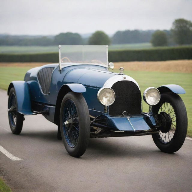 An early twentieth-century Le Mans racing car, exemplifying the pioneering spirit of early motor racing. The car features a narrow, leggy body, a large exposed radiator, thin tires on large wooden spoke wheels, and a minimalist cockpit