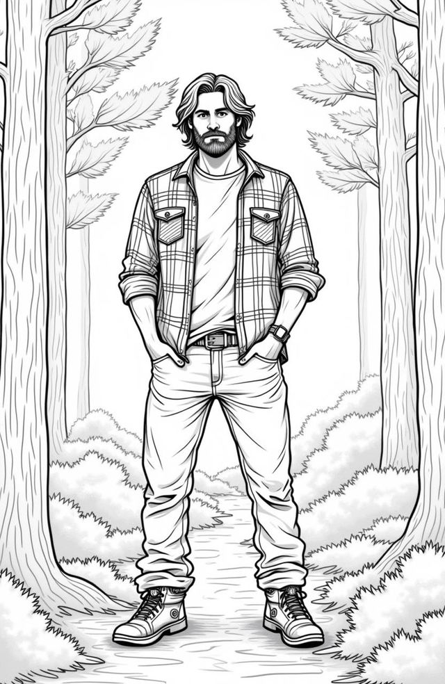 A rugged, 30-year-old man stands confidently among towering pine trees in a serene forest setting, depicted in a detailed line art style suitable for coloring