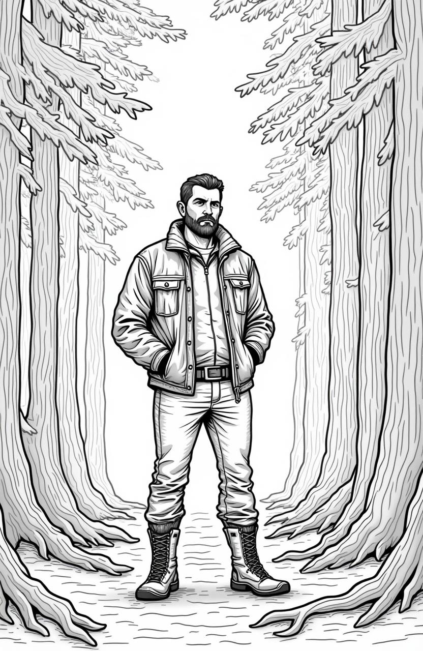 A detailed coloring page featuring a rugged, adventurous 30-year-old man standing confidently among a dense forest of tall pine trees