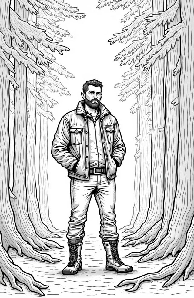 A detailed coloring page featuring a rugged, adventurous 30-year-old man standing confidently among a dense forest of tall pine trees