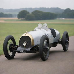 An early twentieth-century Le Mans racing car, exemplifying the pioneering spirit of early motor racing. The car features a narrow, leggy body, a large exposed radiator, thin tires on large wooden spoke wheels, and a minimalist cockpit