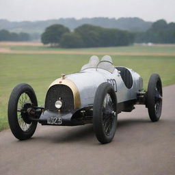 An early twentieth-century Le Mans racing car, exemplifying the pioneering spirit of early motor racing. The car features a narrow, leggy body, a large exposed radiator, thin tires on large wooden spoke wheels, and a minimalist cockpit