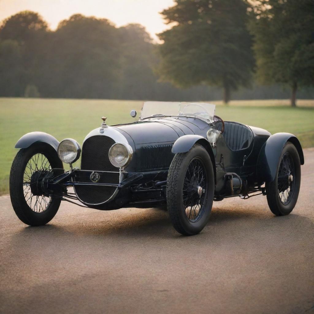 A Le Mans car from the 1900s, at the dawn of automotive history. The car has a vintage grandeur with a tall chassis, exposed engine, big wire-spoke wheels, narrow seats, and the nostalgia of black and white photography