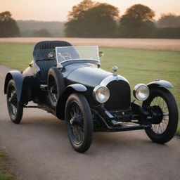 A Le Mans car from the 1900s, at the dawn of automotive history. The car has a vintage grandeur with a tall chassis, exposed engine, big wire-spoke wheels, narrow seats, and the nostalgia of black and white photography