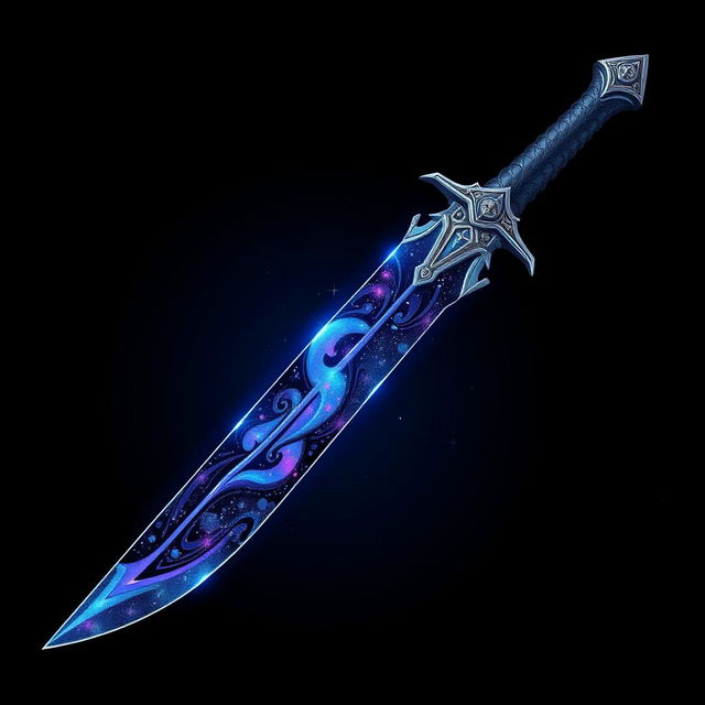 A beautifully crafted dagger with an elegantly curved blade, shimmering with a cosmic design reminiscent of outer space