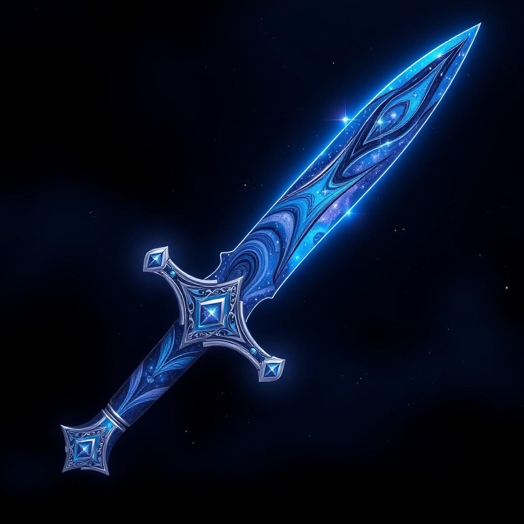 A beautifully crafted dagger with an elegantly curved blade, shimmering with a cosmic design reminiscent of outer space