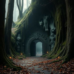 A mysterious underground lair entrance surrounded by an ancient forest