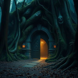 A mysterious underground lair entrance surrounded by an ancient forest