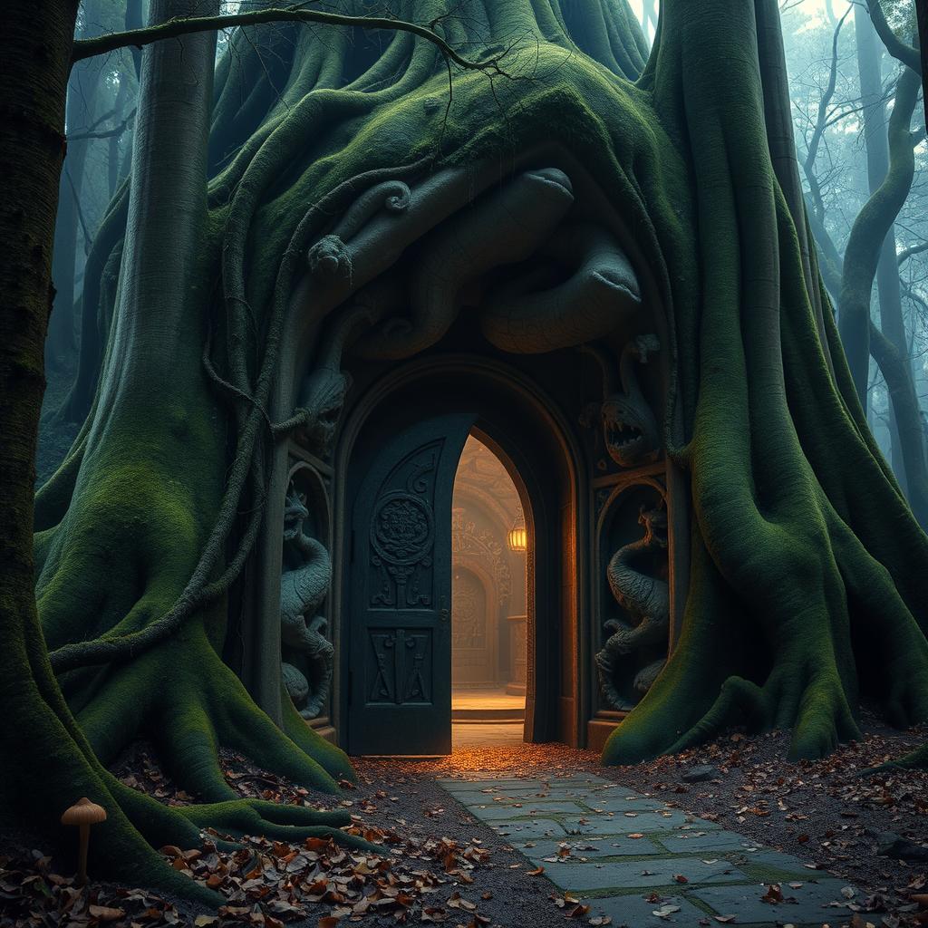 A mysterious underground lair entrance surrounded by an ancient forest