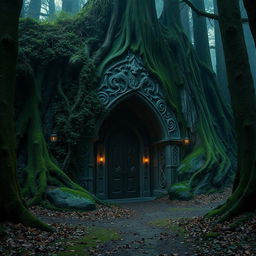 A mysterious underground lair entrance surrounded by an ancient forest