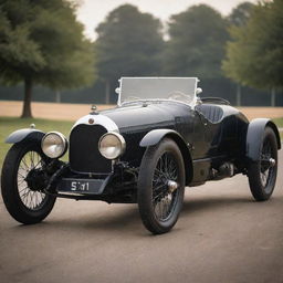 A Le Mans car from the 1900s, at the dawn of automotive history. The car has a vintage grandeur with a tall chassis, exposed engine, big wire-spoke wheels, narrow seats, and the nostalgia of black and white photography