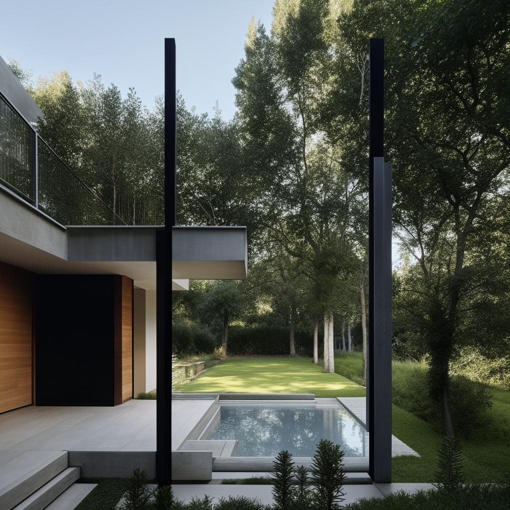 A minimalist two-story house with a car garage, a small park and a swimming pool.