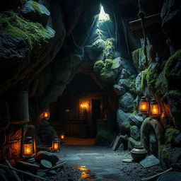An entrance to an abandoned underground hideout, featuring overgrown vines and moss on the stone walls, dimly lit with flickering lanterns casting eerie shadows