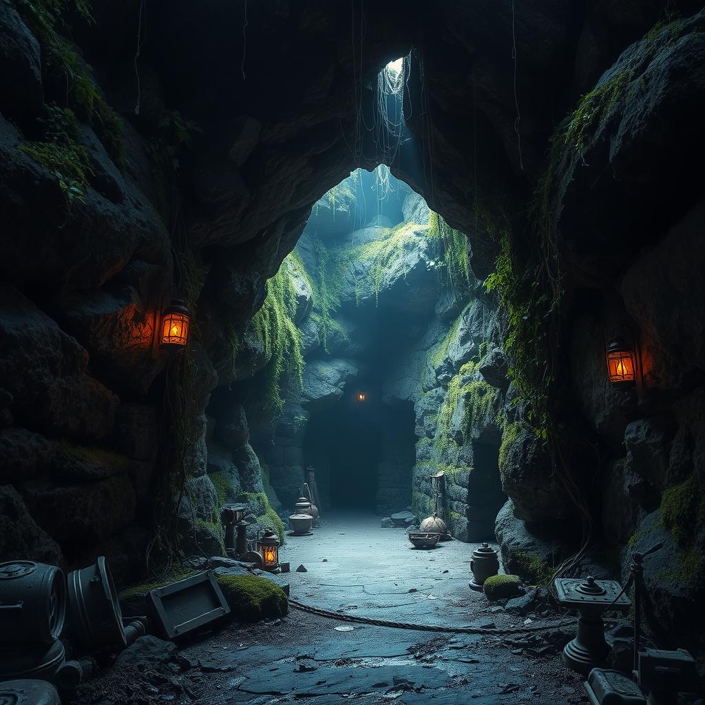 An entrance to an abandoned underground hideout, featuring overgrown vines and moss on the stone walls, dimly lit with flickering lanterns casting eerie shadows