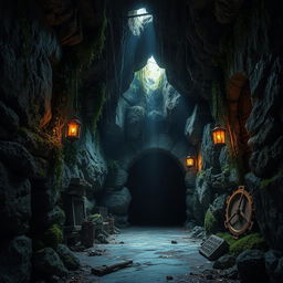 An entrance to an abandoned underground hideout, featuring overgrown vines and moss on the stone walls, dimly lit with flickering lanterns casting eerie shadows