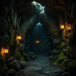An entrance to an abandoned underground hideout, featuring overgrown vines and moss on the stone walls, dimly lit with flickering lanterns casting eerie shadows