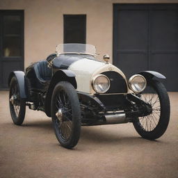 A Le Mans car from the 1900s, at the dawn of automotive history. The car has a vintage grandeur with a tall chassis, exposed engine, big wire-spoke wheels, narrow seats, and the nostalgia of black and white photography