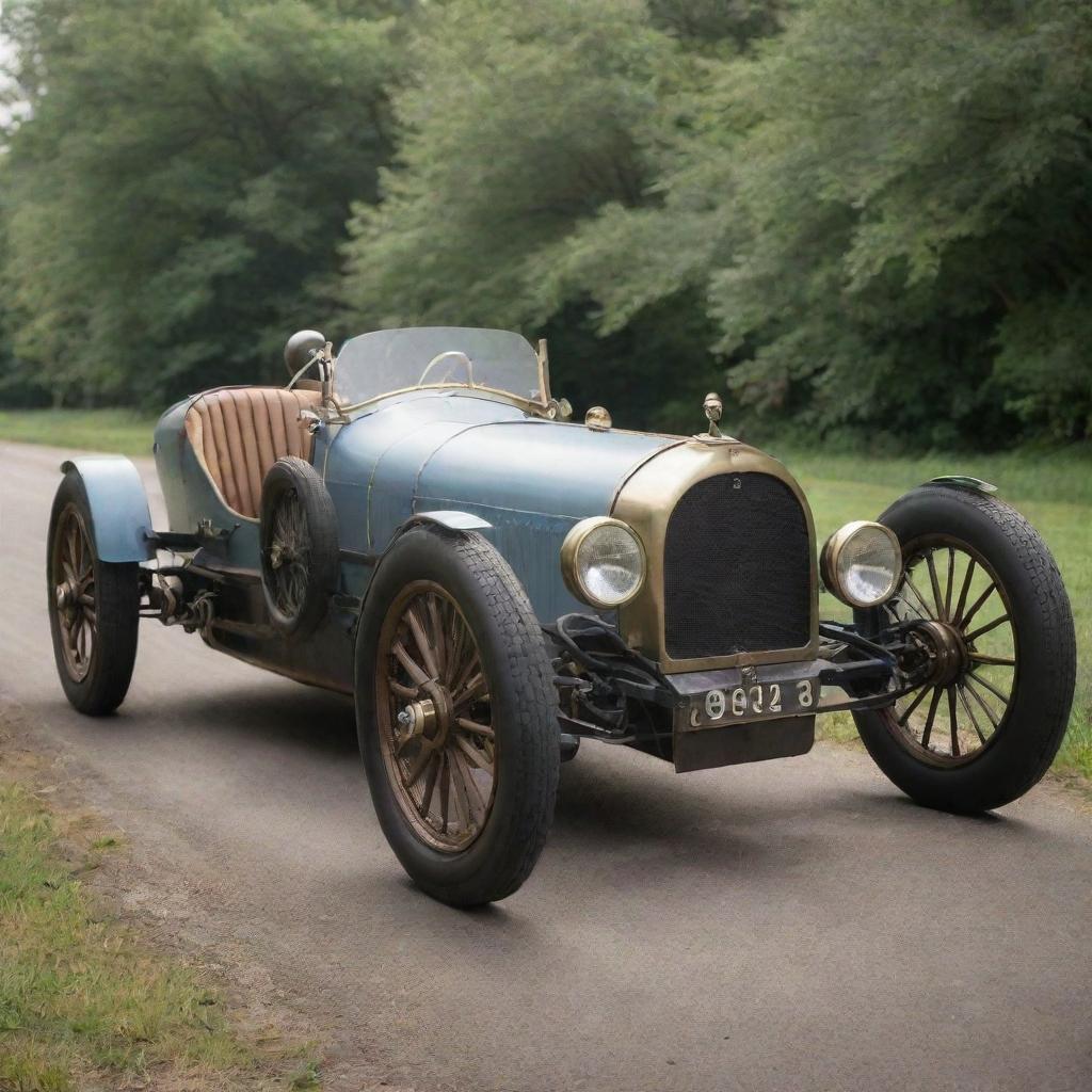 An imaginative recreation of a Le Mans car from the 1800s. The vehicle would likely be peppered with steampunk elements, featuring large iron wheels, a boiler-engine system, steam puffs, and leather accents, harking to the time before auto racing was established