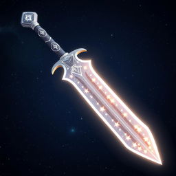 A curved shimmering white dagger designed with a space theme, featuring a beautifully intricate blade where the edges resemble constellations