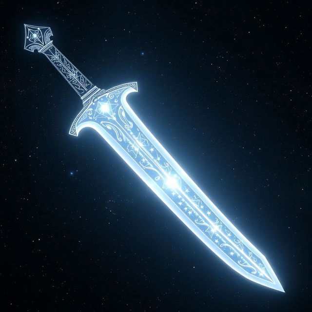 A curved shimmering white dagger designed with a space theme, featuring a beautifully intricate blade where the edges resemble constellations