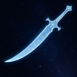 A curved shimmering white dagger designed with a space theme, featuring a beautifully intricate blade where the edges resemble constellations