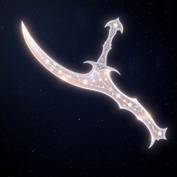 A curved shimmering white dagger designed with a space theme, featuring a beautifully intricate blade where the edges resemble constellations