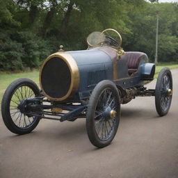 An imaginative recreation of a Le Mans car from the 1800s. The vehicle would likely be peppered with steampunk elements, featuring large iron wheels, a boiler-engine system, steam puffs, and leather accents, harking to the time before auto racing was established