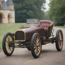 An imaginative recreation of a Le Mans car from the 1800s. The vehicle would likely be peppered with steampunk elements, featuring large iron wheels, a boiler-engine system, steam puffs, and leather accents, harking to the time before auto racing was established