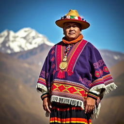 A proud Bolivian man dressed in elegant traditional clothing, showcasing a vibrant, intricately woven poncho with colorful patterns