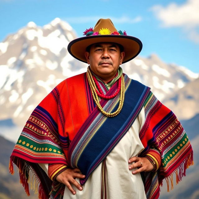 A proud Bolivian man dressed in elegant traditional clothing, showcasing a vibrant, intricately woven poncho with colorful patterns