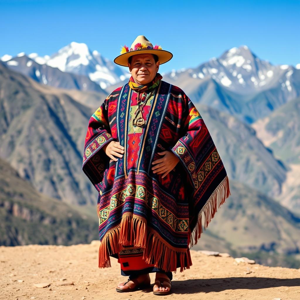 A proud Bolivian man dressed in elegant traditional clothing, showcasing a vibrant, intricately woven poncho with colorful patterns