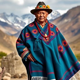 A proud Bolivian man dressed in elegant traditional clothing, showcasing a vibrant, intricately woven poncho with colorful patterns