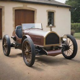 An imaginative recreation of a Le Mans car from the 1800s. The vehicle would likely be peppered with steampunk elements, featuring large iron wheels, a boiler-engine system, steam puffs, and leather accents, harking to the time before auto racing was established