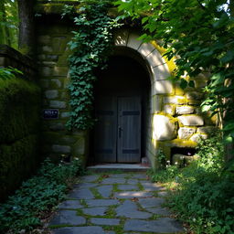 An entrance of an abandoned guardhouse, featuring moss-covered stone walls, an arched doorway partially covered with vines, and a worn wooden door that creaks slightly in the wind