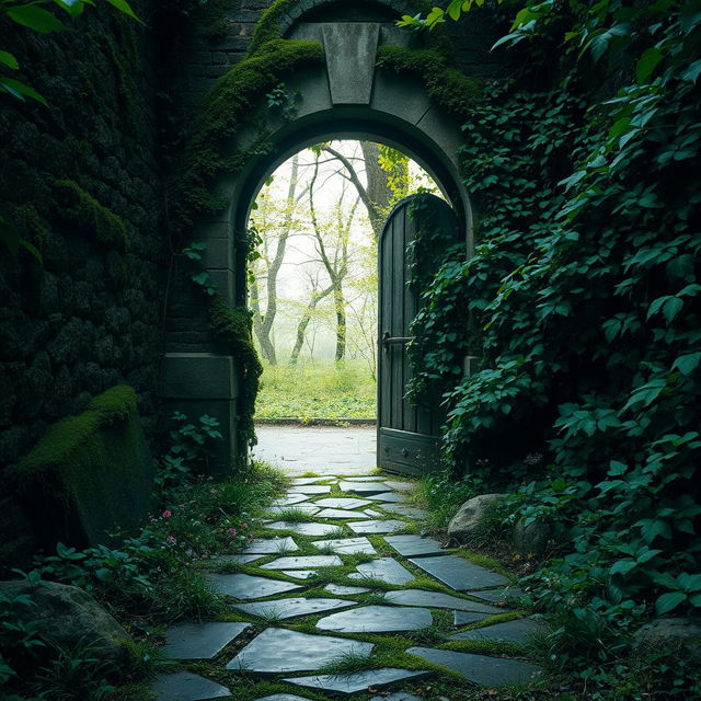 An entrance of an abandoned guardhouse, featuring moss-covered stone walls, an arched doorway partially covered with vines, and a worn wooden door that creaks slightly in the wind