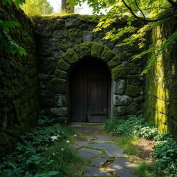 An entrance of an abandoned guardhouse, featuring moss-covered stone walls, an arched doorway partially covered with vines, and a worn wooden door that creaks slightly in the wind